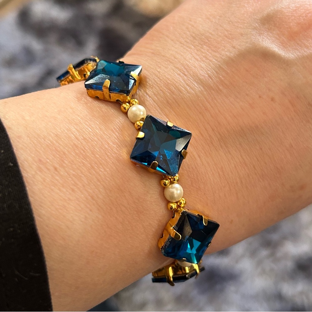 Handcrafted royal blue rhinestone faux pearl magnetic clasp bracelet